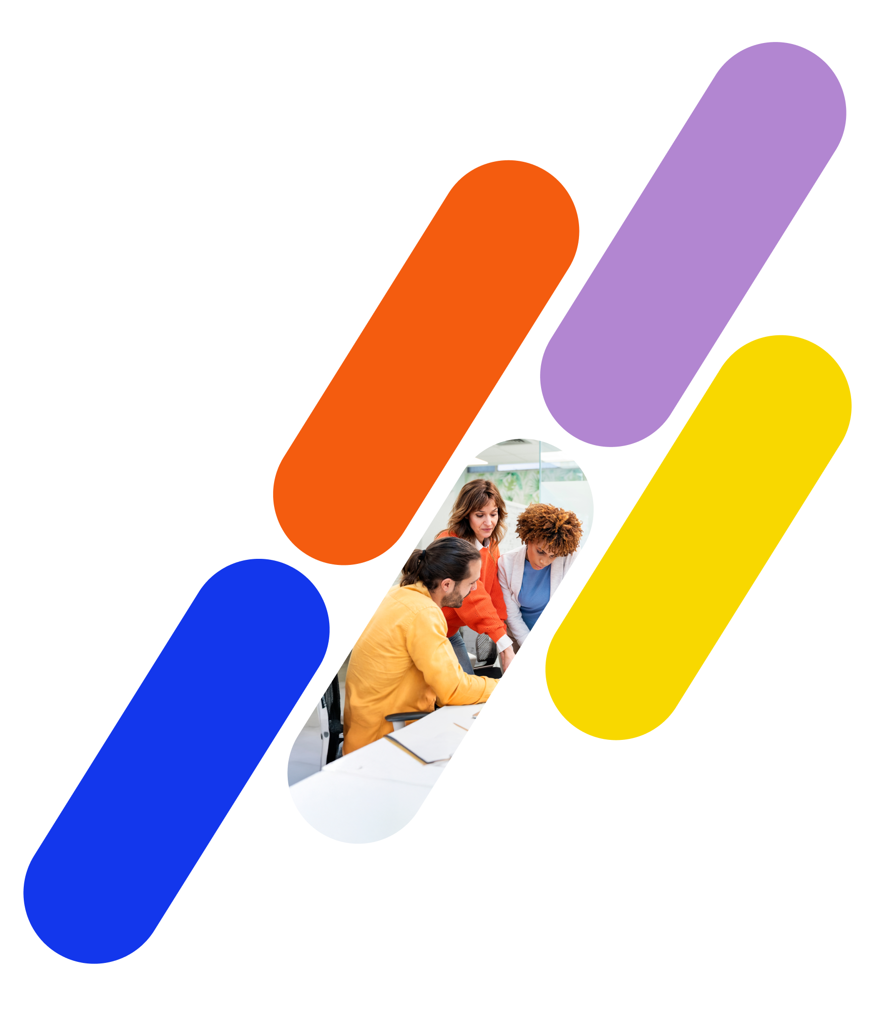 A stylized group of five pill shapes of various colours. One pill has a group of people sitting at a desk looking at designs.