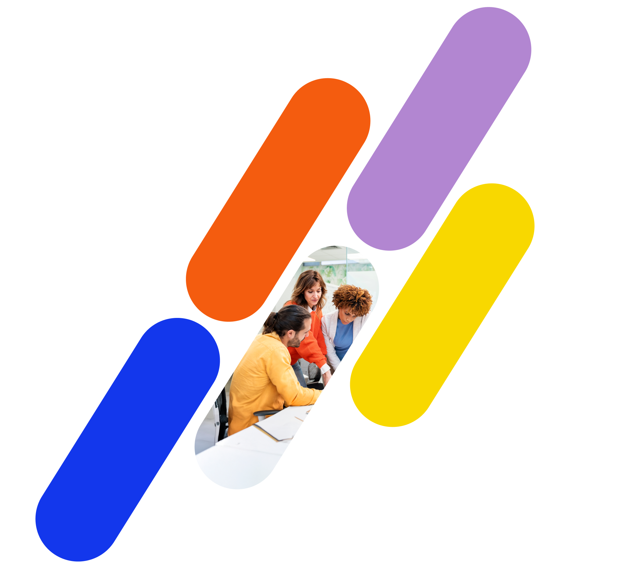 A stylized group of five pill shapes of various colours. One pill has a group of people sitting at a desk looking at designs.